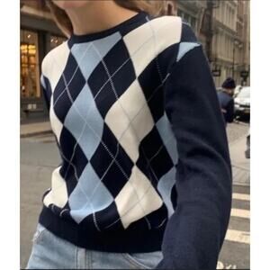 Brandy Melville Bernadette Argyle Cotton Sweater Blue White Pullover One Size